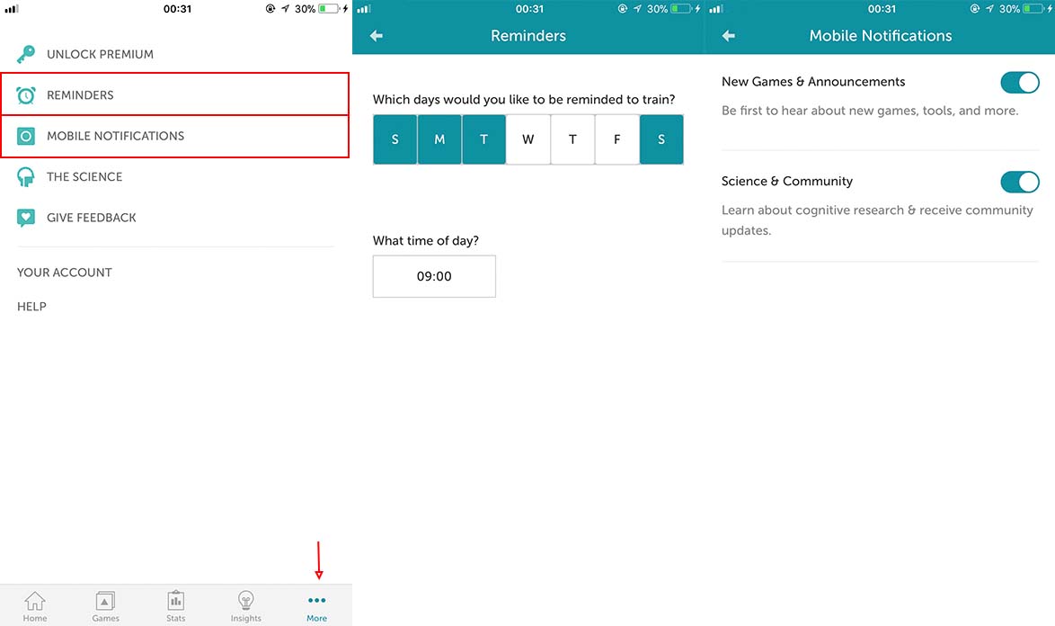App Lumosity Settings