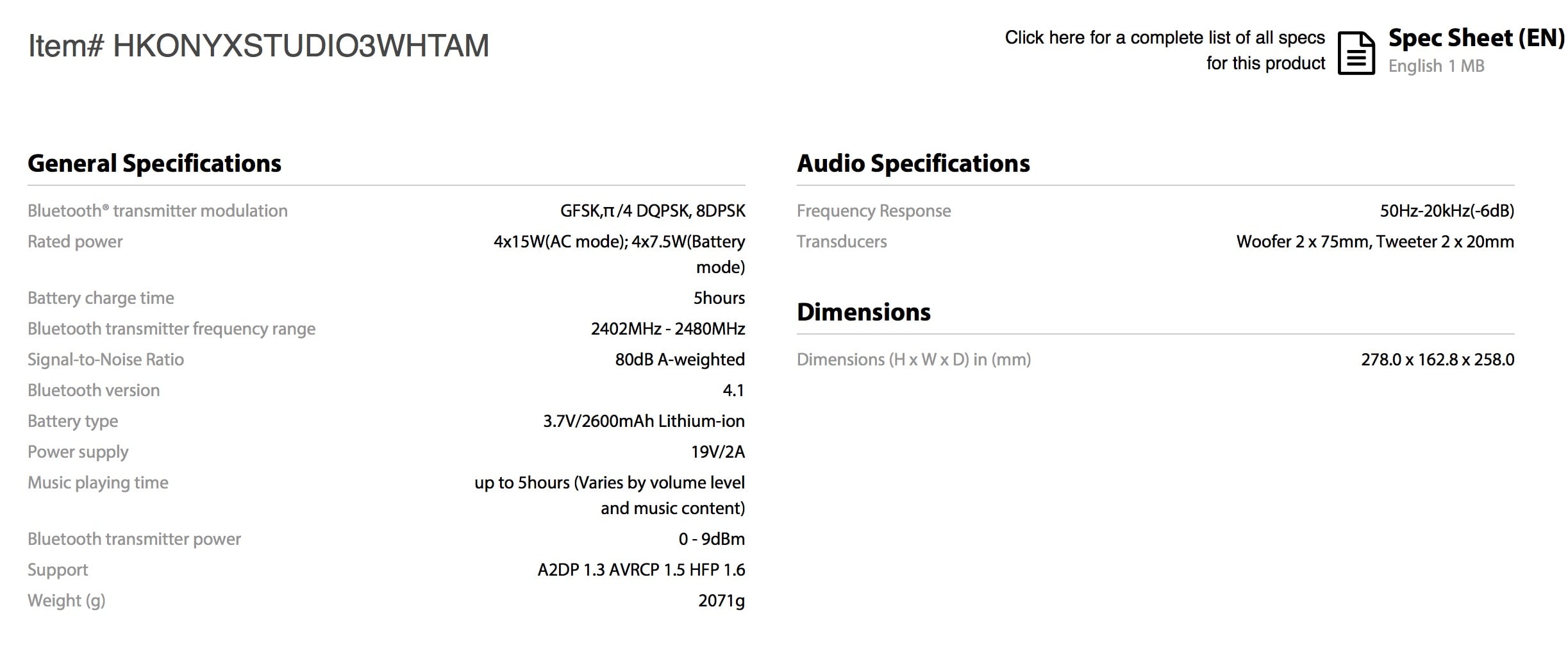 Harman Kardon Onyx Studio 3 Spec