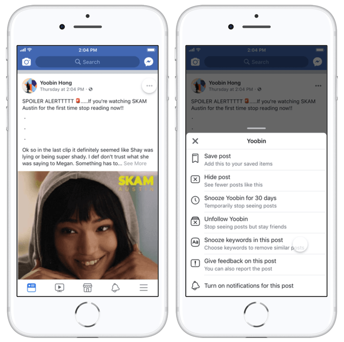 Facebook Snooze Keywords Option