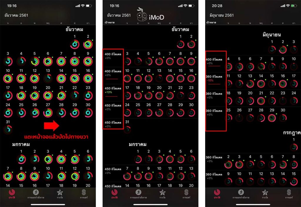 วิธีดูประวัติการเปลี่ยนแปลงเป้าหมายการเคลื่อนไหว (Move Ring) ในแอป
