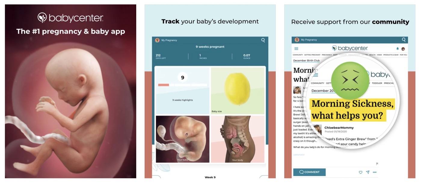 ตัวอย่างฟีเจอร์ในแอป Pregnancy Tracker - BabyCenter