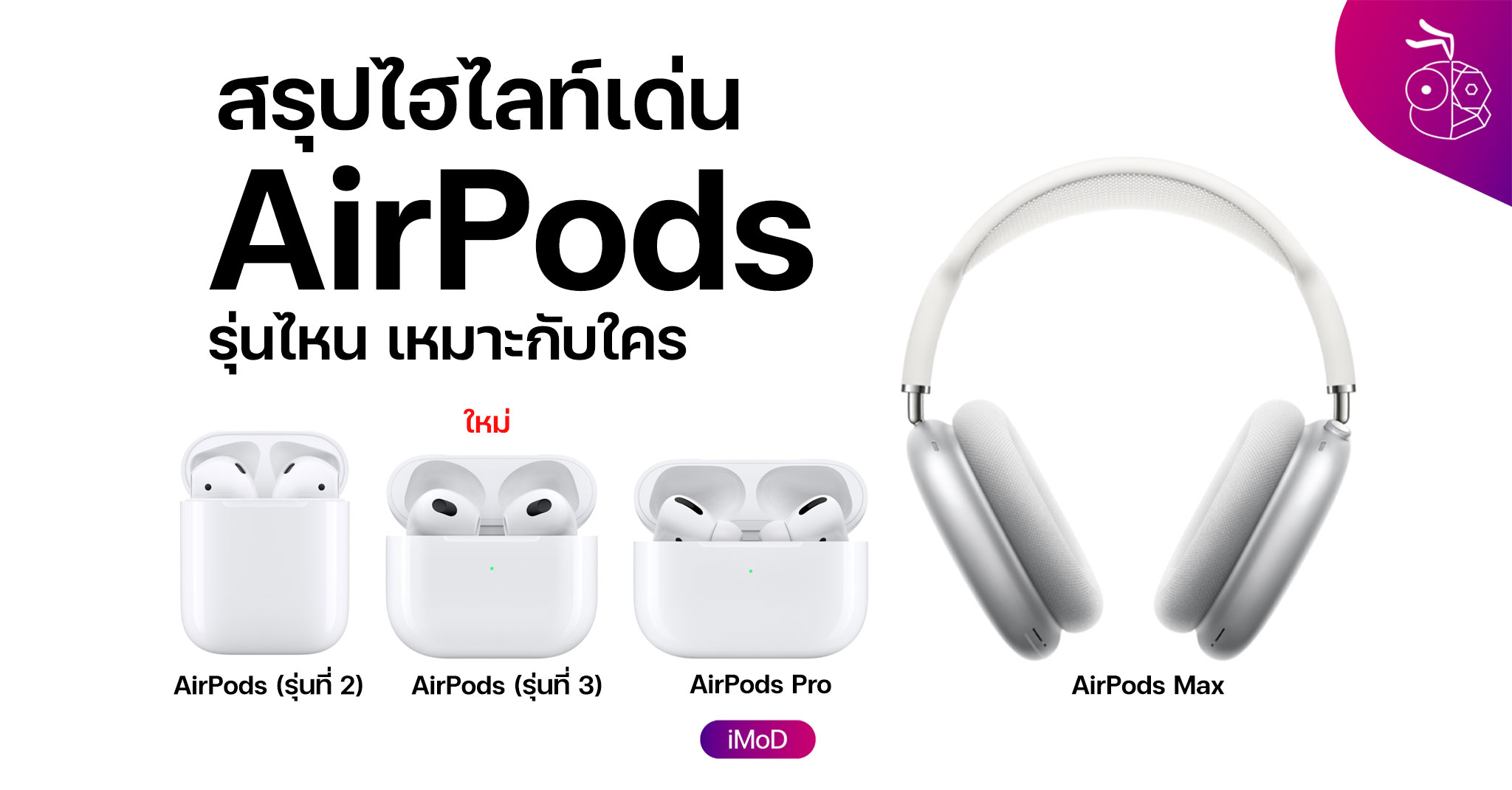 Ready go to ... https://www.iphonemod.net/airpods-all-model-highlight-2021-update.html [ สรุปไฮไลท์ AirPods แต่ละรุ่น รุ่นไหนเหมาะกับใคร (อัปเดต 2021)]